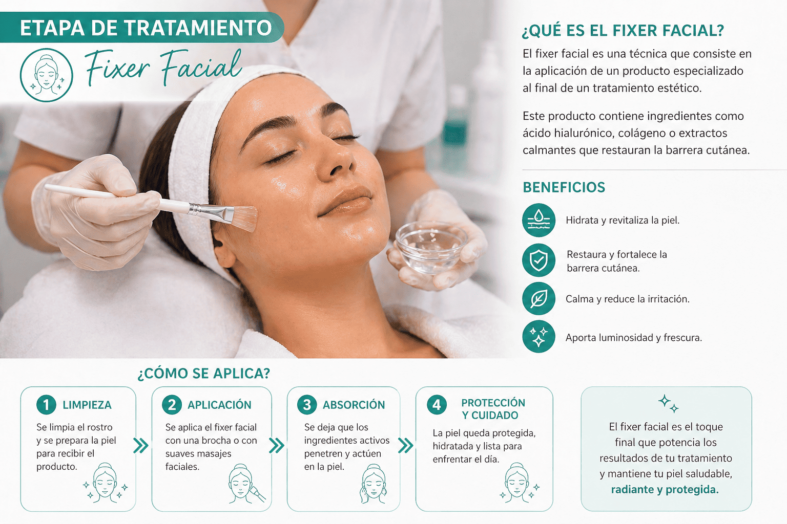 El fixer facial es una técnica que consiste en la aplicación de un producto especializado al final de un tratamiento estético. Este producto contiene ingredientes como ácido hialurónico, colágeno o extractos calmantes que restauran la barrera cutánea.